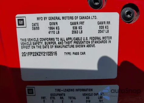 2000 Chevrolet Camaro from USA, damaged, VIN 2G1FP22K2Y2102516